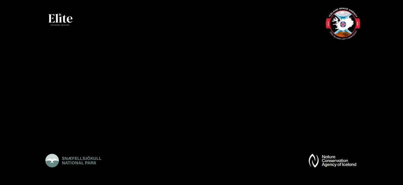 The broadcast frame as it went out: entirely black, with the Elite Technology Solutions, Iceland Space Agency, Snæfellsjökull National Park and Nature Conservation Agency of Iceland logos in the corners.